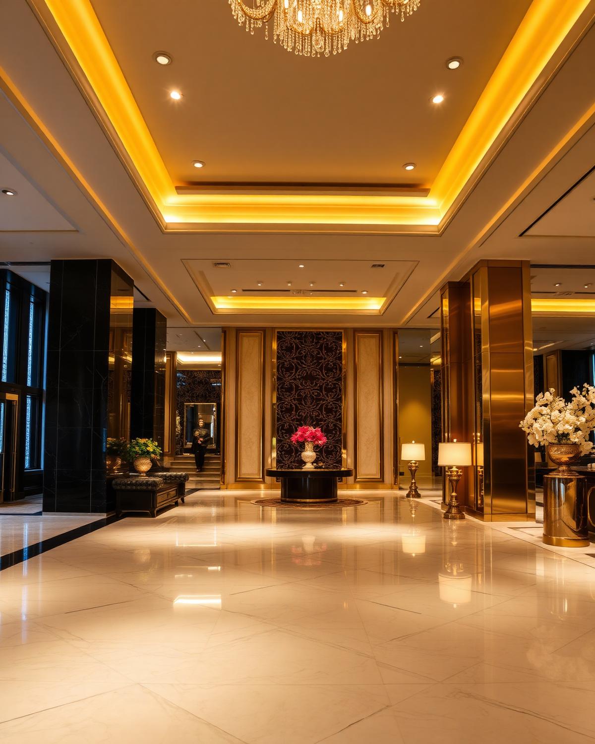 Hotel lobby with polished marble flooring
