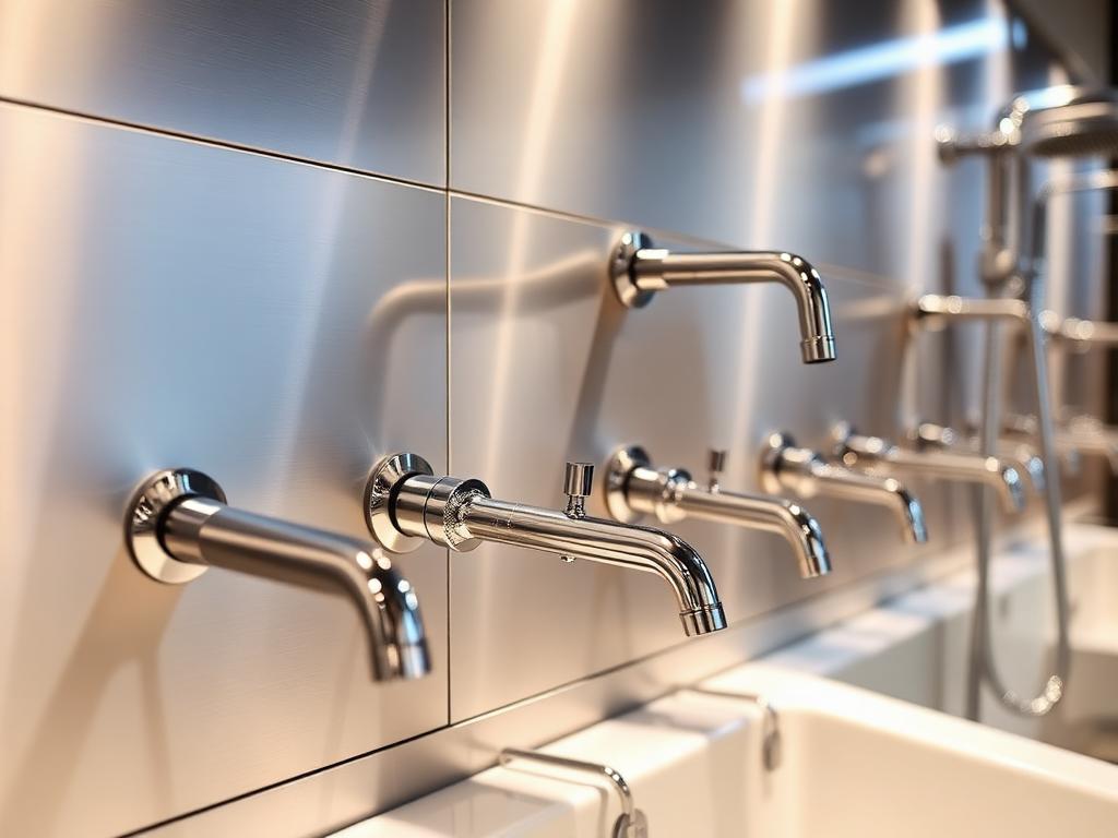 Chrome faucets and CP fittings on a showroom panel